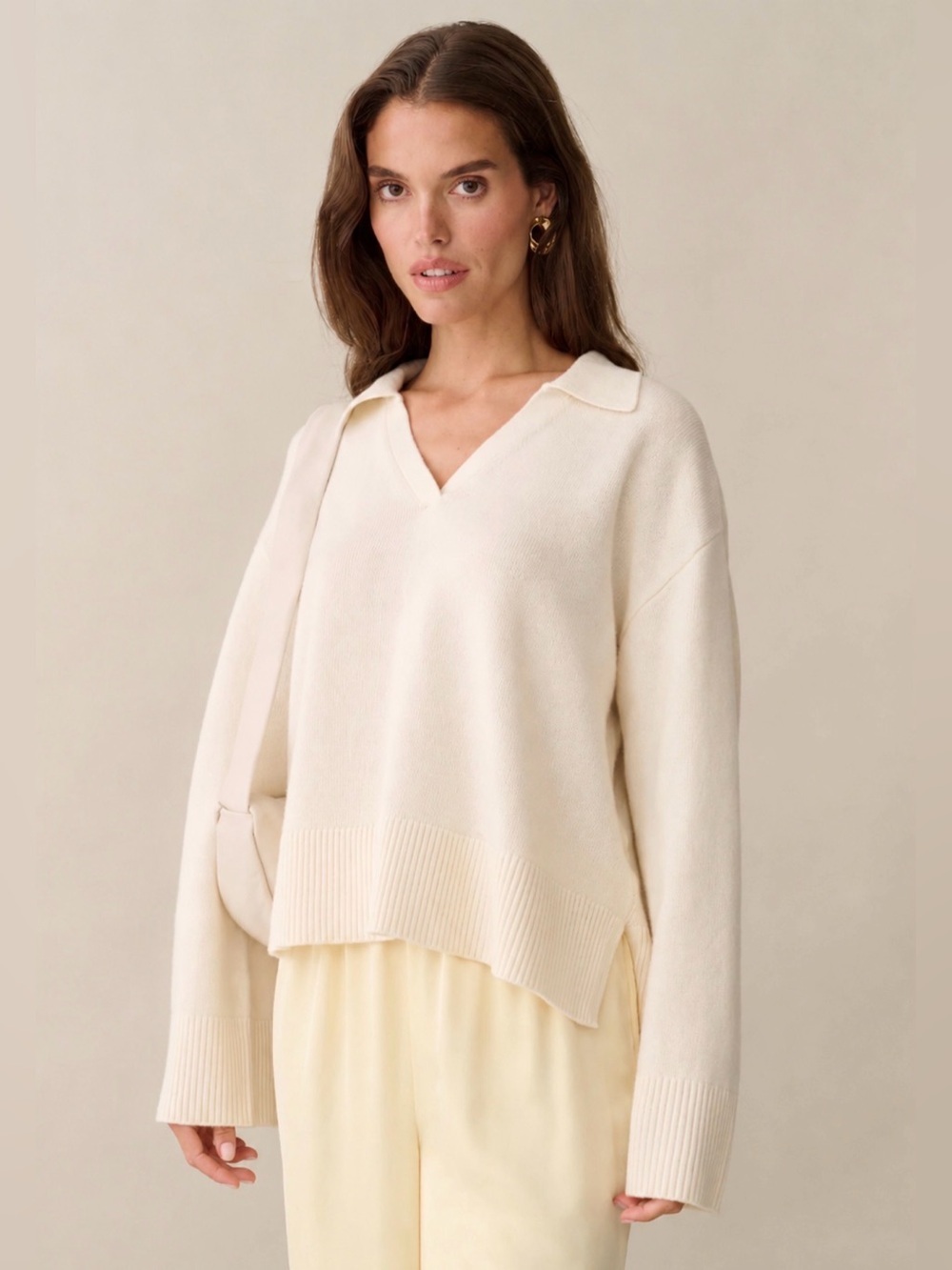 NWT $198 Caara Sela 100%Wool Ivory Cream Polo Collar Sweater Size M Quiet Luxury